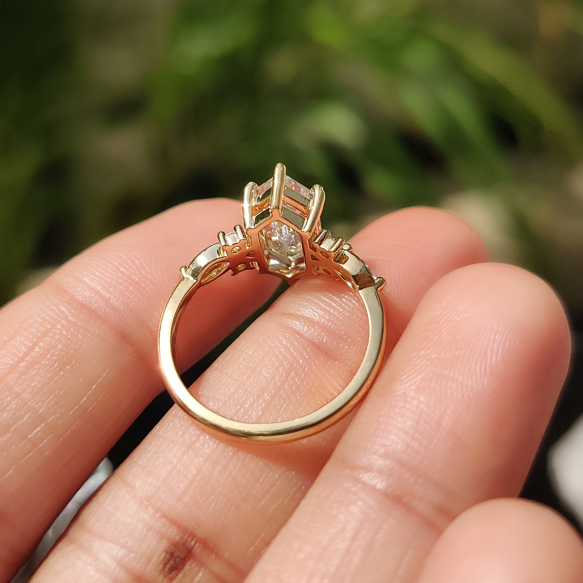 Hexagon engagement ring with 7 stone engagement ring.