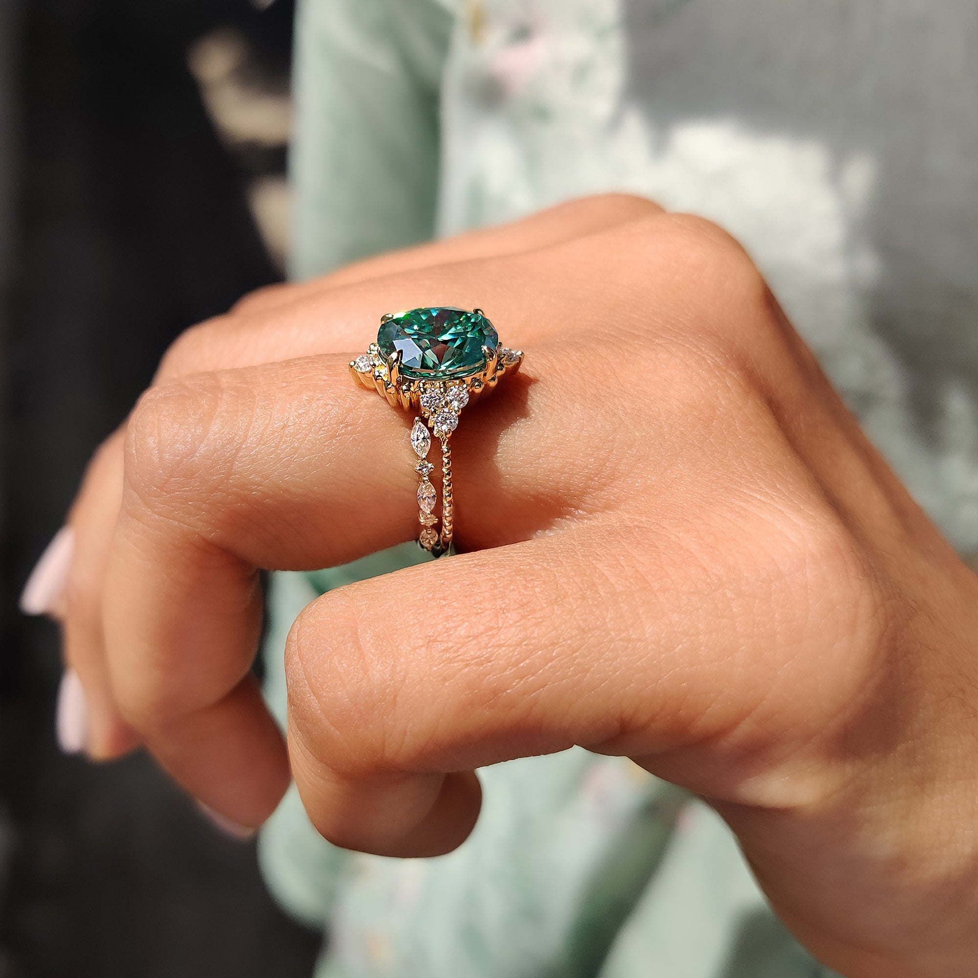 Handmade bridal set with a caratdiamond oval cut ring and open gap wedding band.
