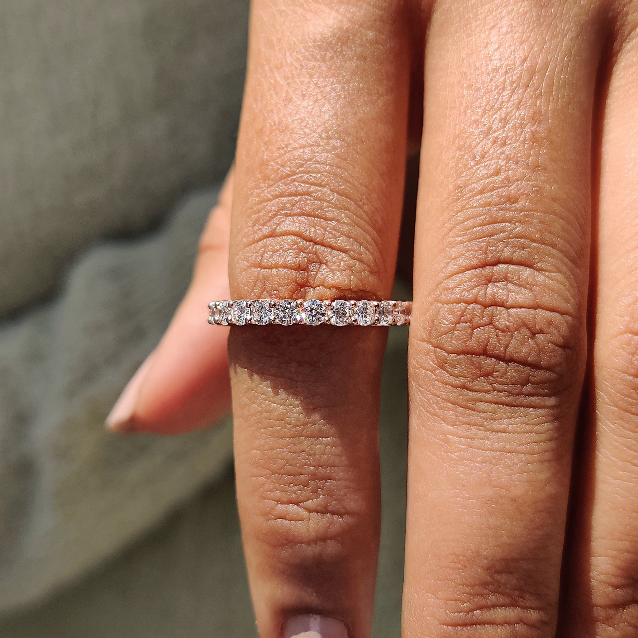 Full eternity wedding band with lab grown diamonds in rose gold
