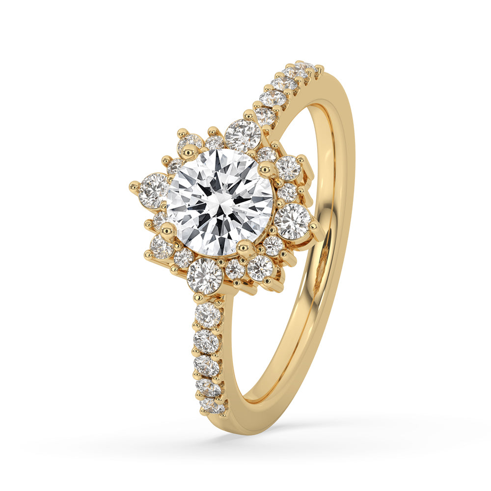 Round halo ring with shared prong engagement ring design, Lab Grown Diamond.