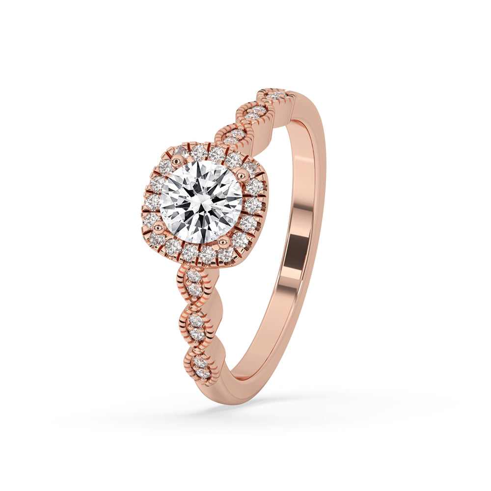 Halo setting engagement ring with cathedral style ring and round diamond side stones, ideal for elegance.
