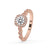 Halo setting engagement ring with cathedral style ring and round diamond side stones, ideal for elegance.
