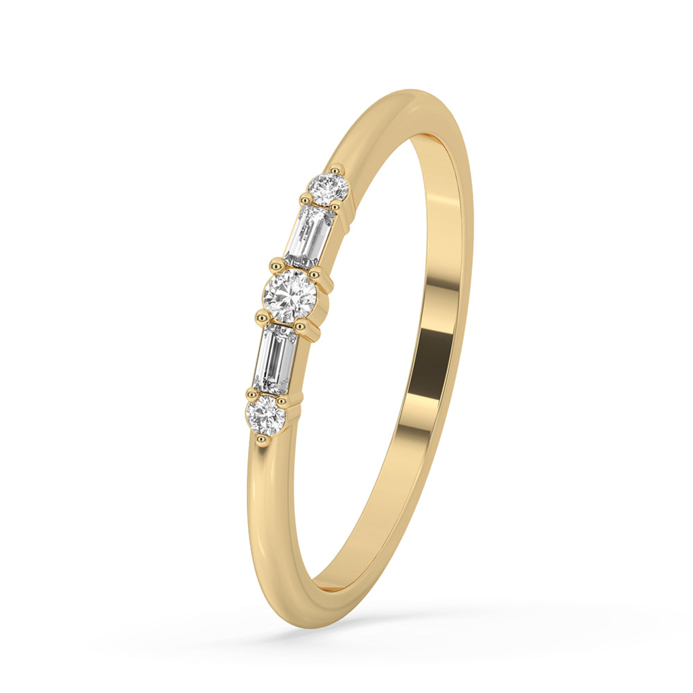 Round cut diamond wedding band designed as a timeless 5 stone wedding band with handmade jewelry touches.
