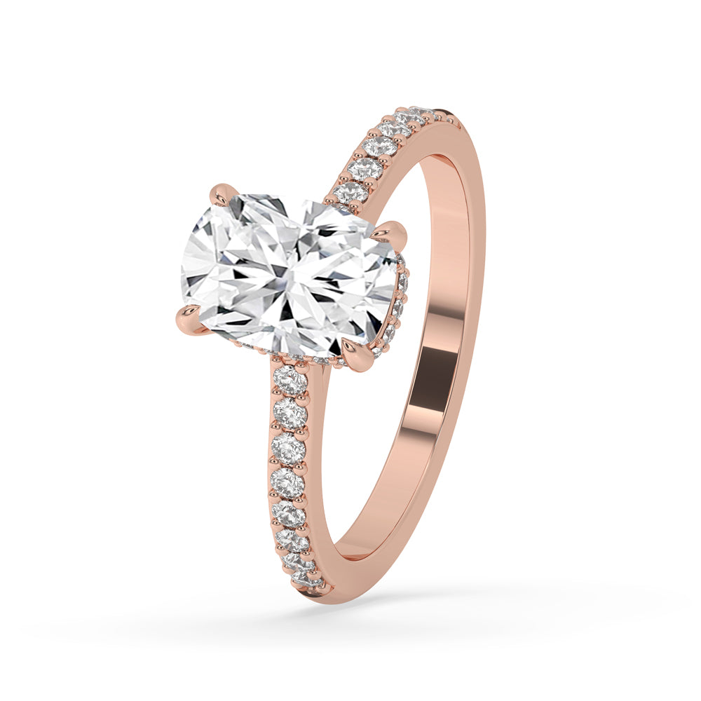 Cushion cut lab grown diamond ring with pave diamond band, Hidden halo ring.
