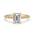 Emerald cut ring with elegant pave diamond band and 4 prong setting.

