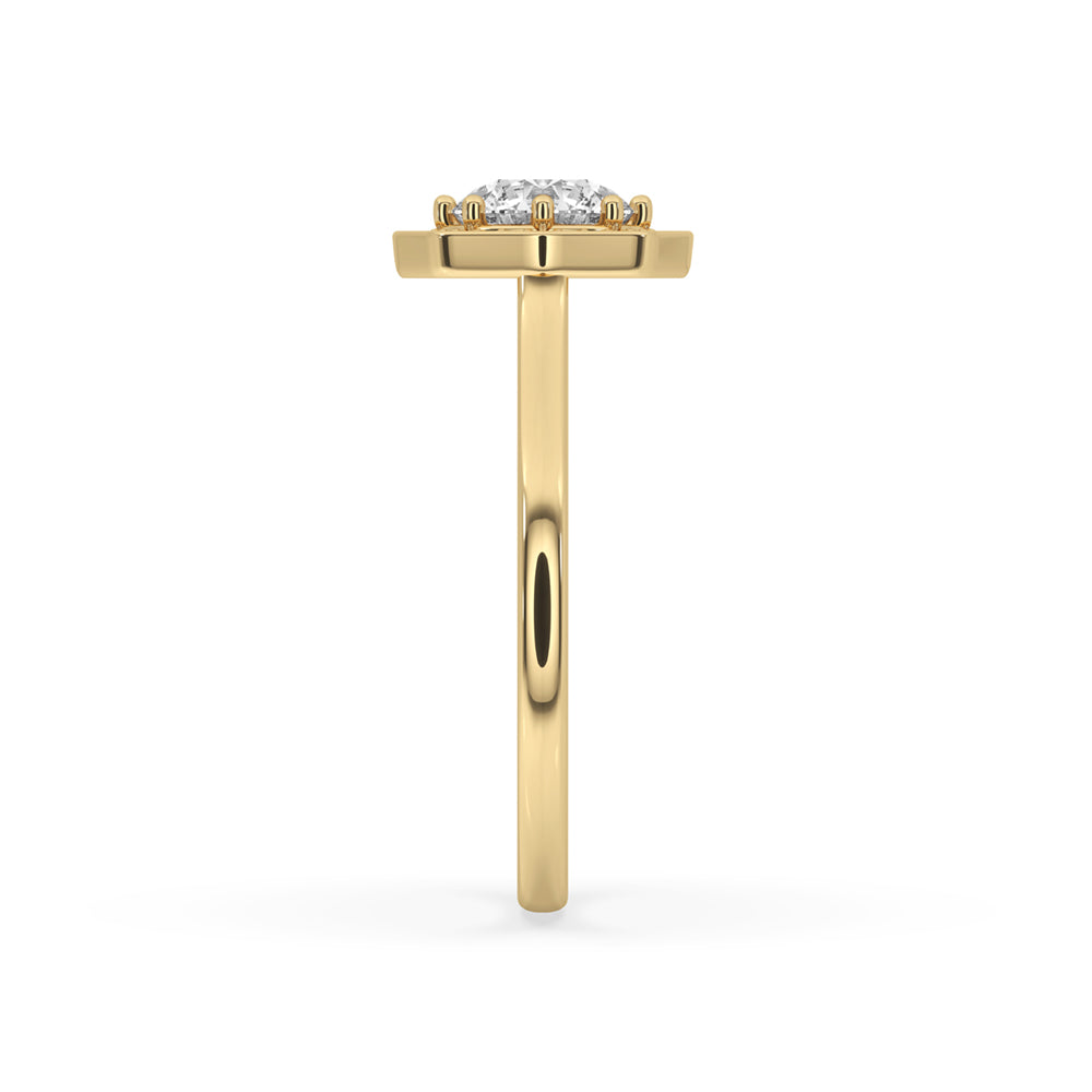 Classic halo engagement ring with round diamond halo ring, featuring an 8 prong diamond ring setting for durability.