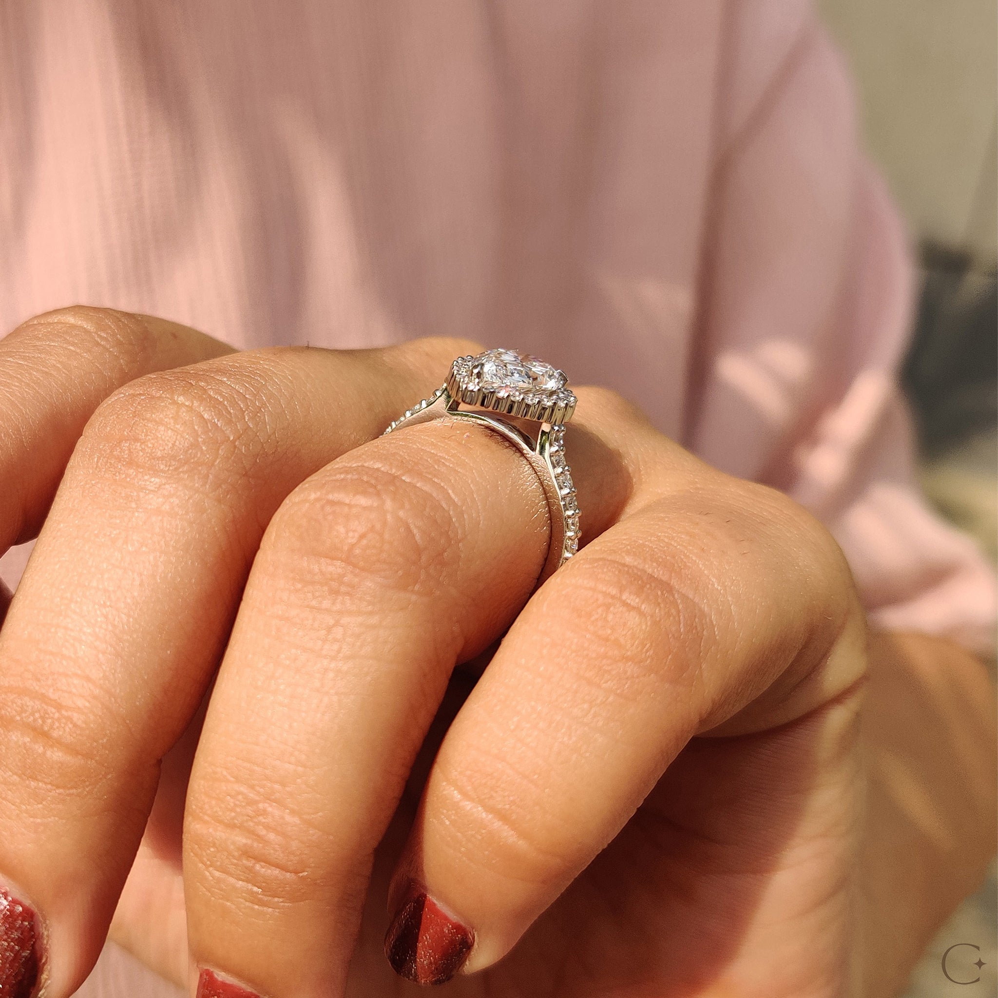 Round cut pave band with a luxurious engagement ring.
