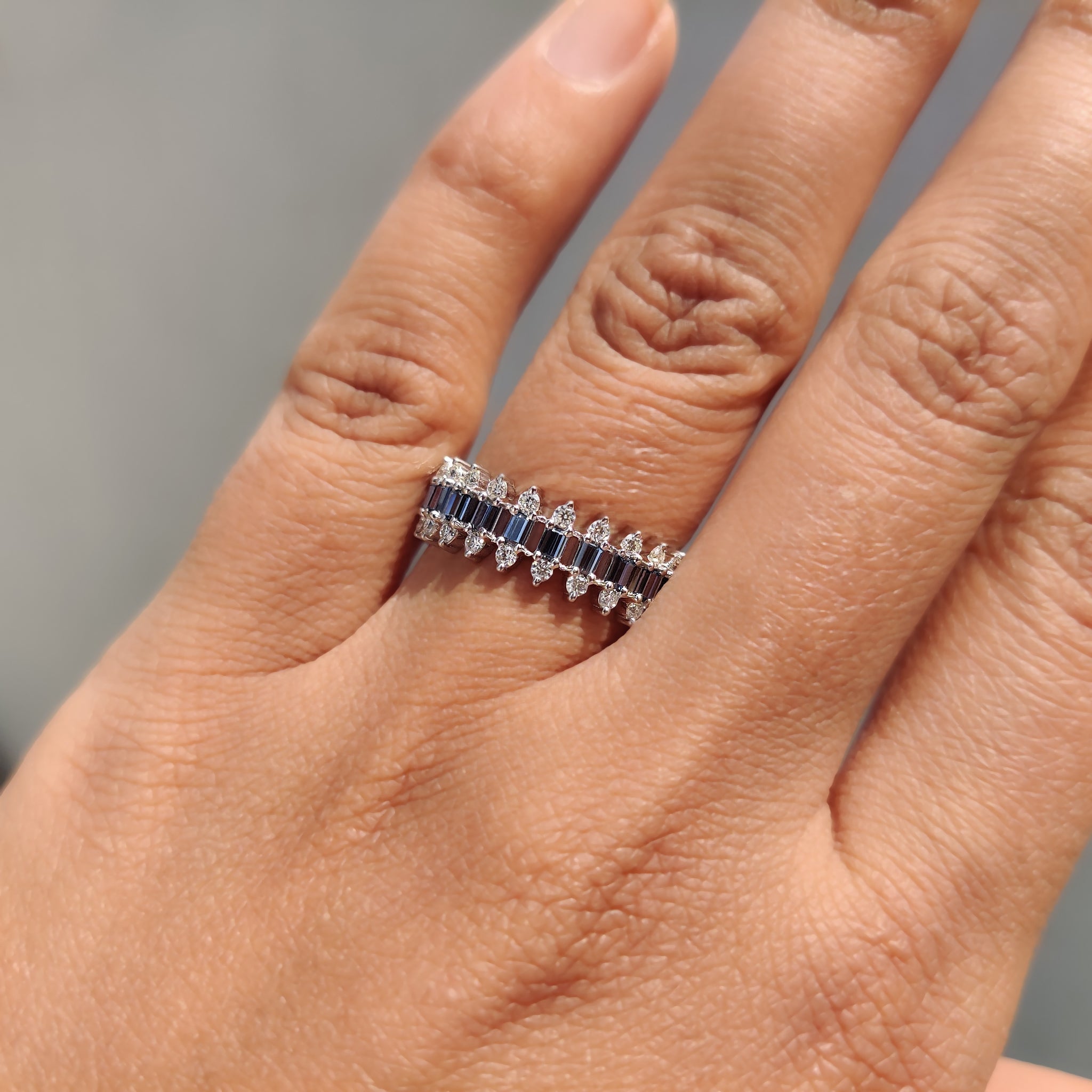 Baguette And Round Cut 3 Row Diamond Band