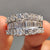 Three row pave band with tightly set moissanite stones offering full surface brilliance.