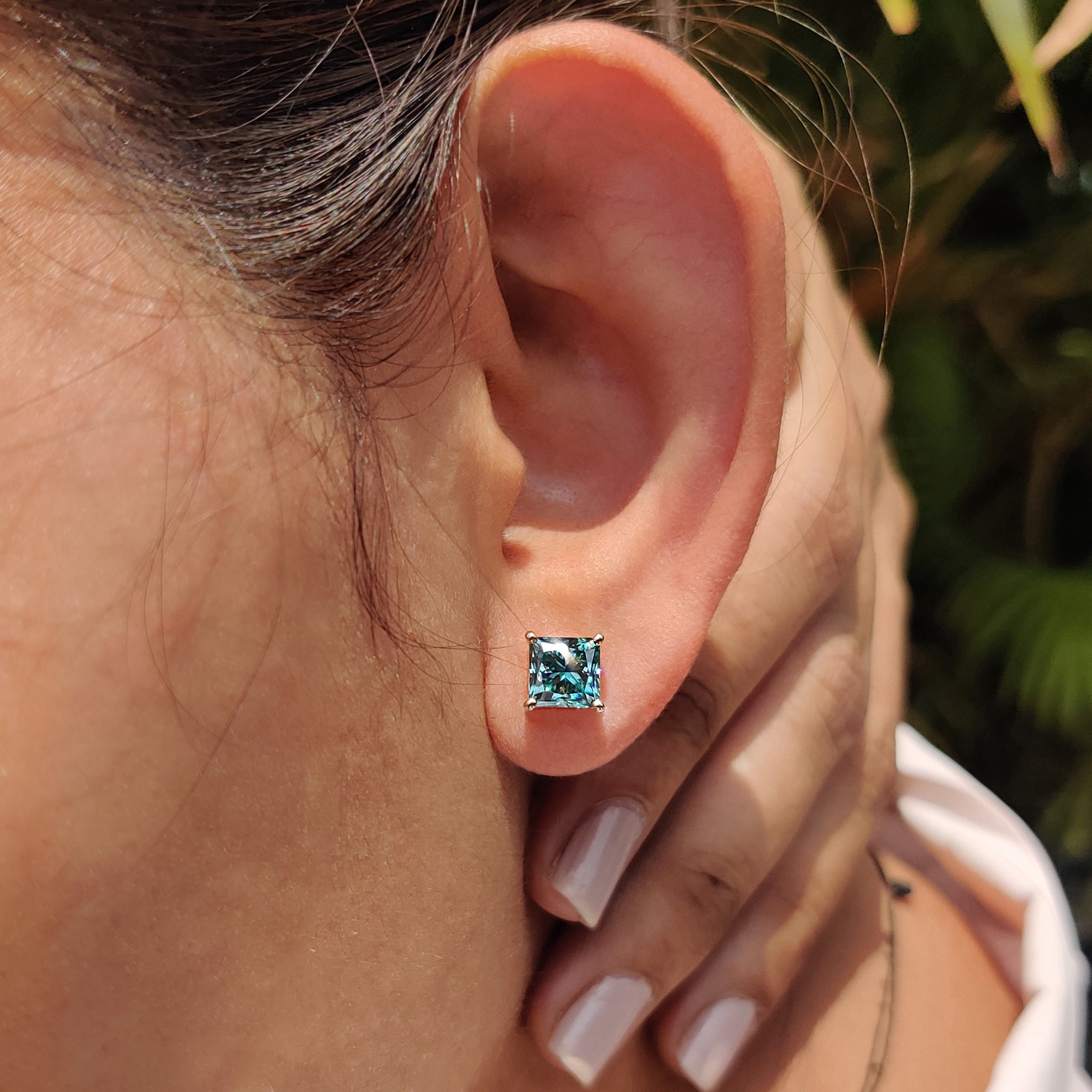 Yellow gold earrings featuring Princess Cut earrings and push back earrings for Everyday Earrings use.
