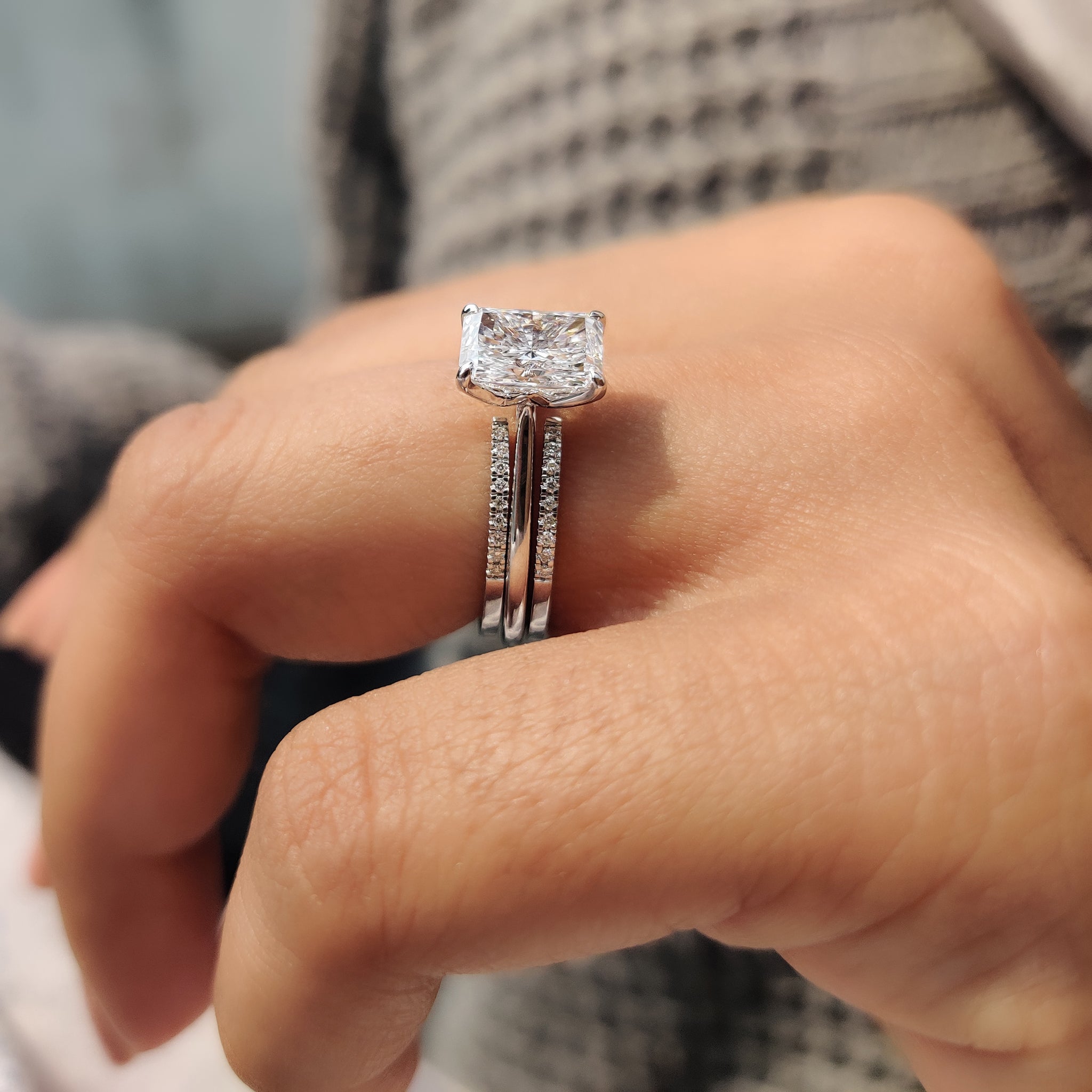 White gold diamond band with lab grown diamonds.