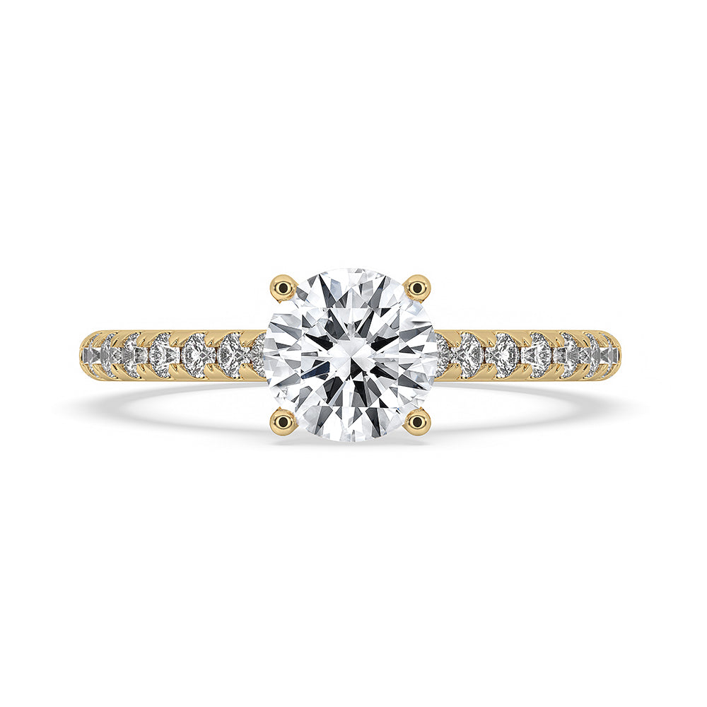 Pave band engagement ring with round diamond in a stunning design.
