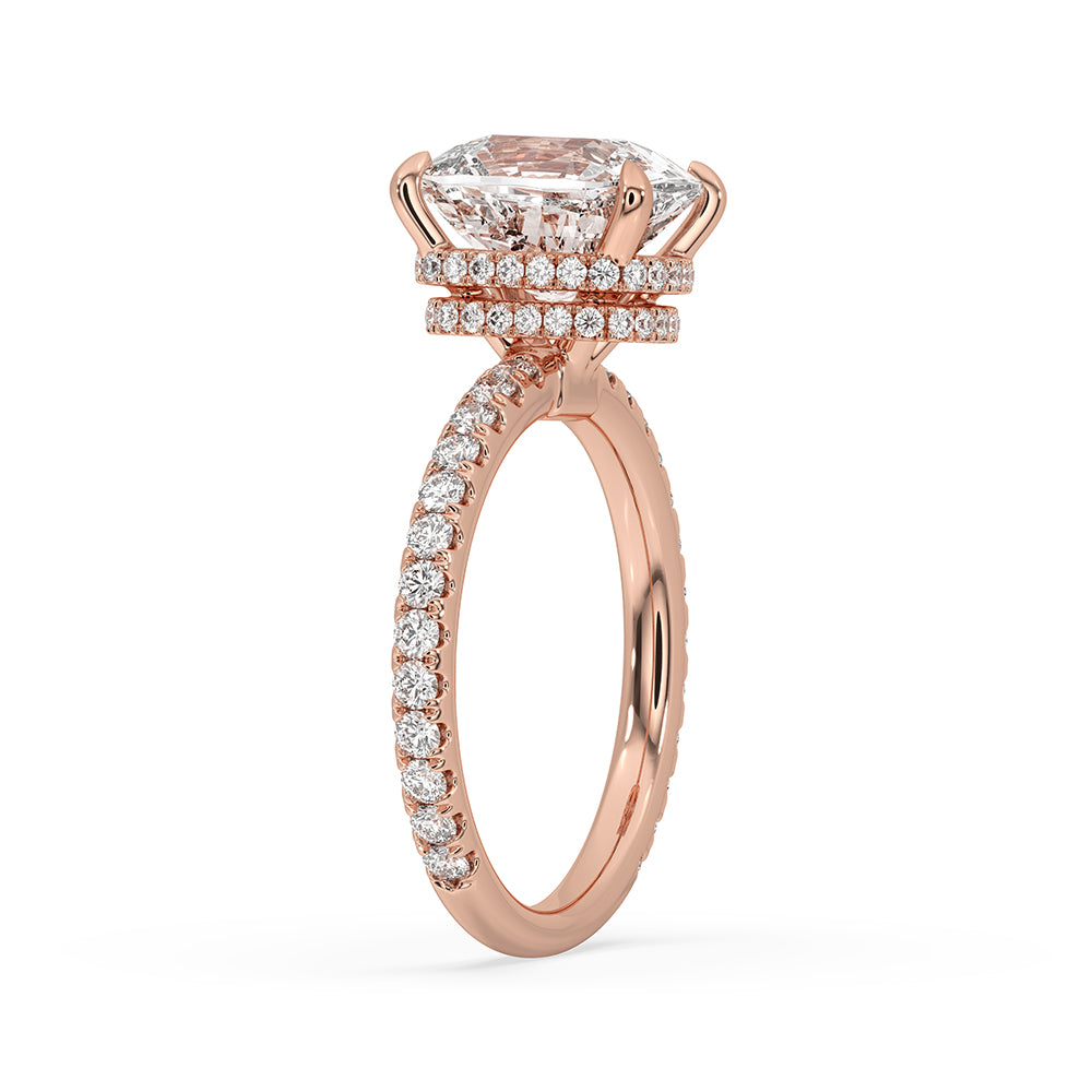 Lab grown cushion diamond ring crafted in pave setting style.
