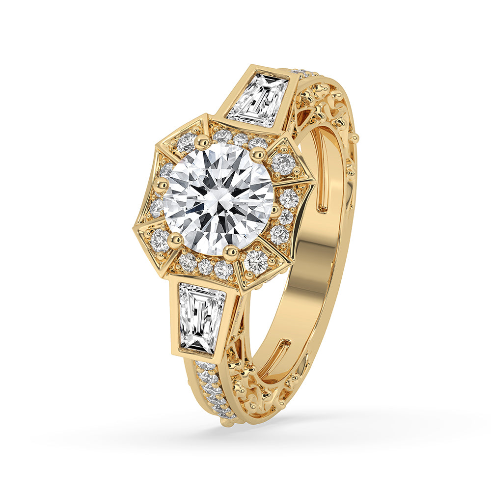 Tapered baguette diamond ring set in a handcrafted yellow gold band.

