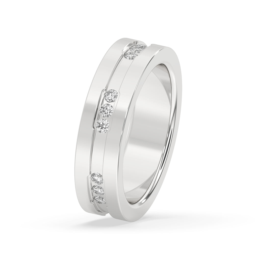 Round cut wedding band crafted in white gold with custom design.
