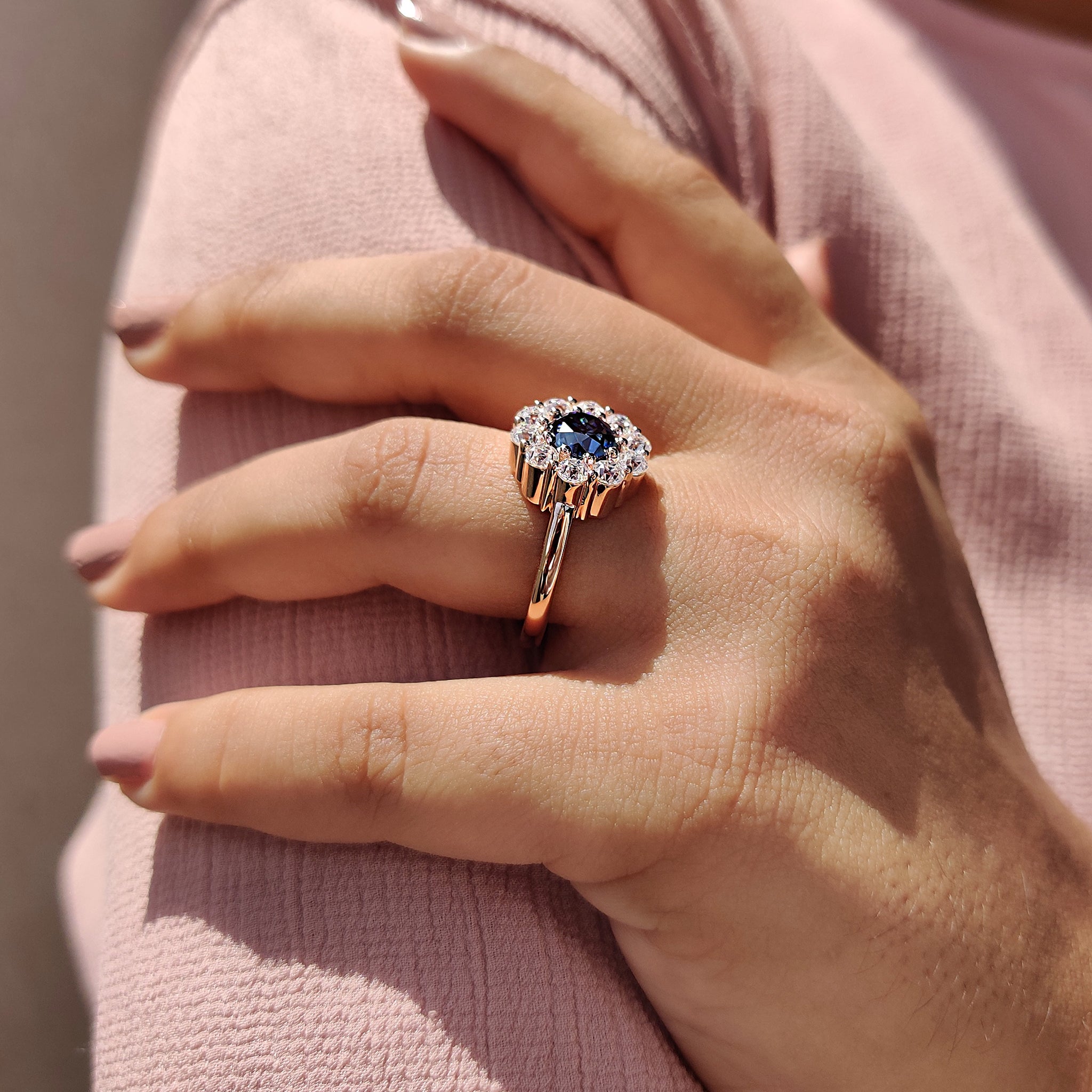 Rose gold ring with old European cut diamonds, ideal for a unique engagement.
