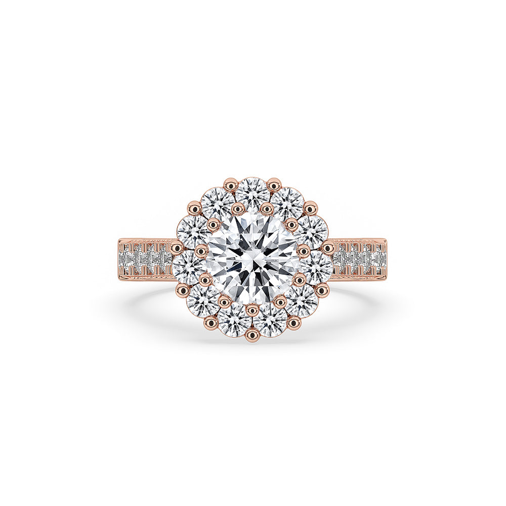 Halo Diamond Engagement Ring with a round cut center stone.

