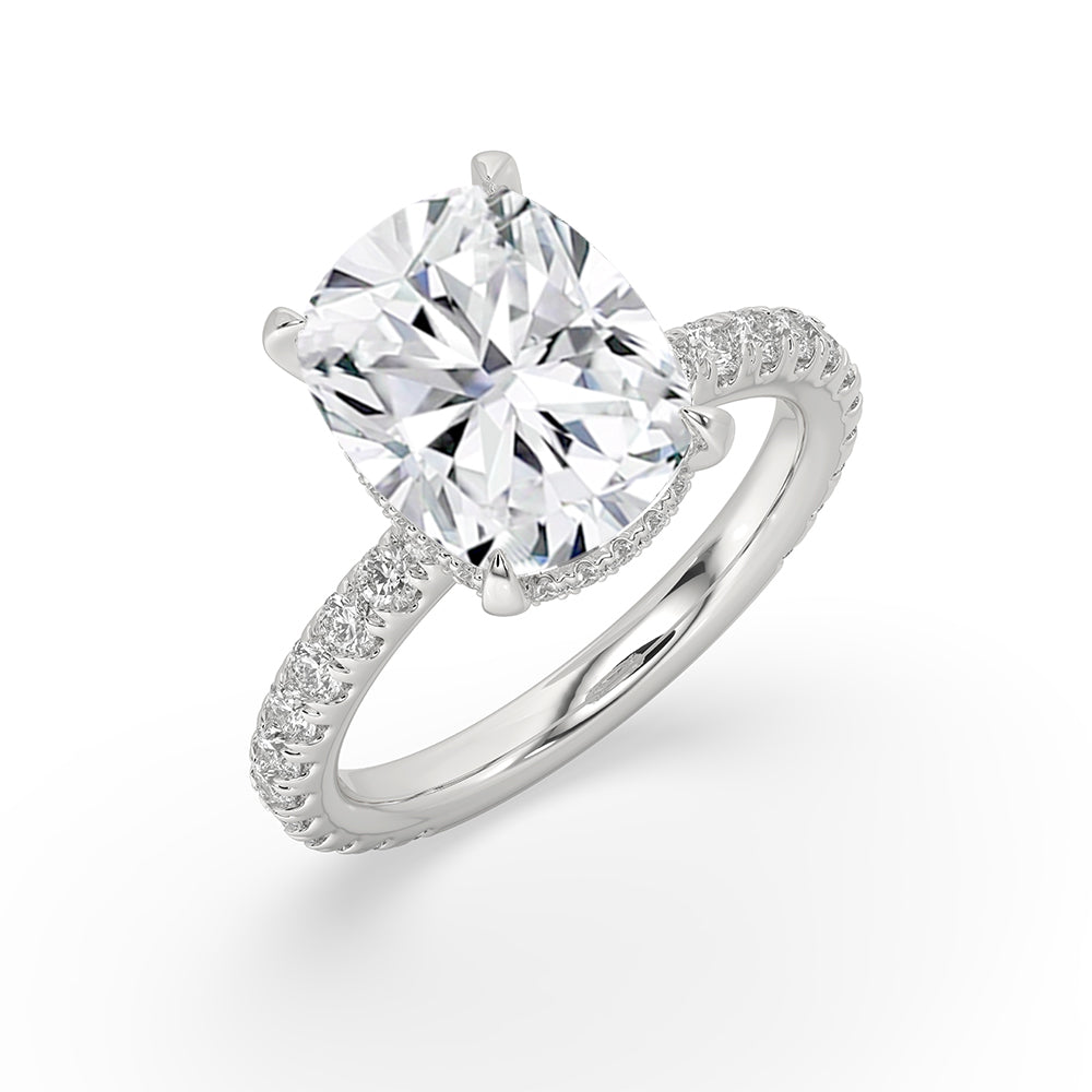 White gold diamond ring with pave setting details.