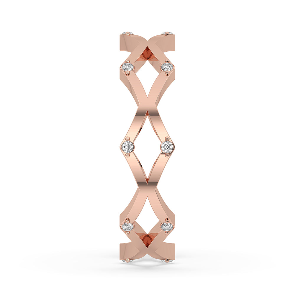 Round cut diamond band crafted in band cross over design with handmade jewelry.
