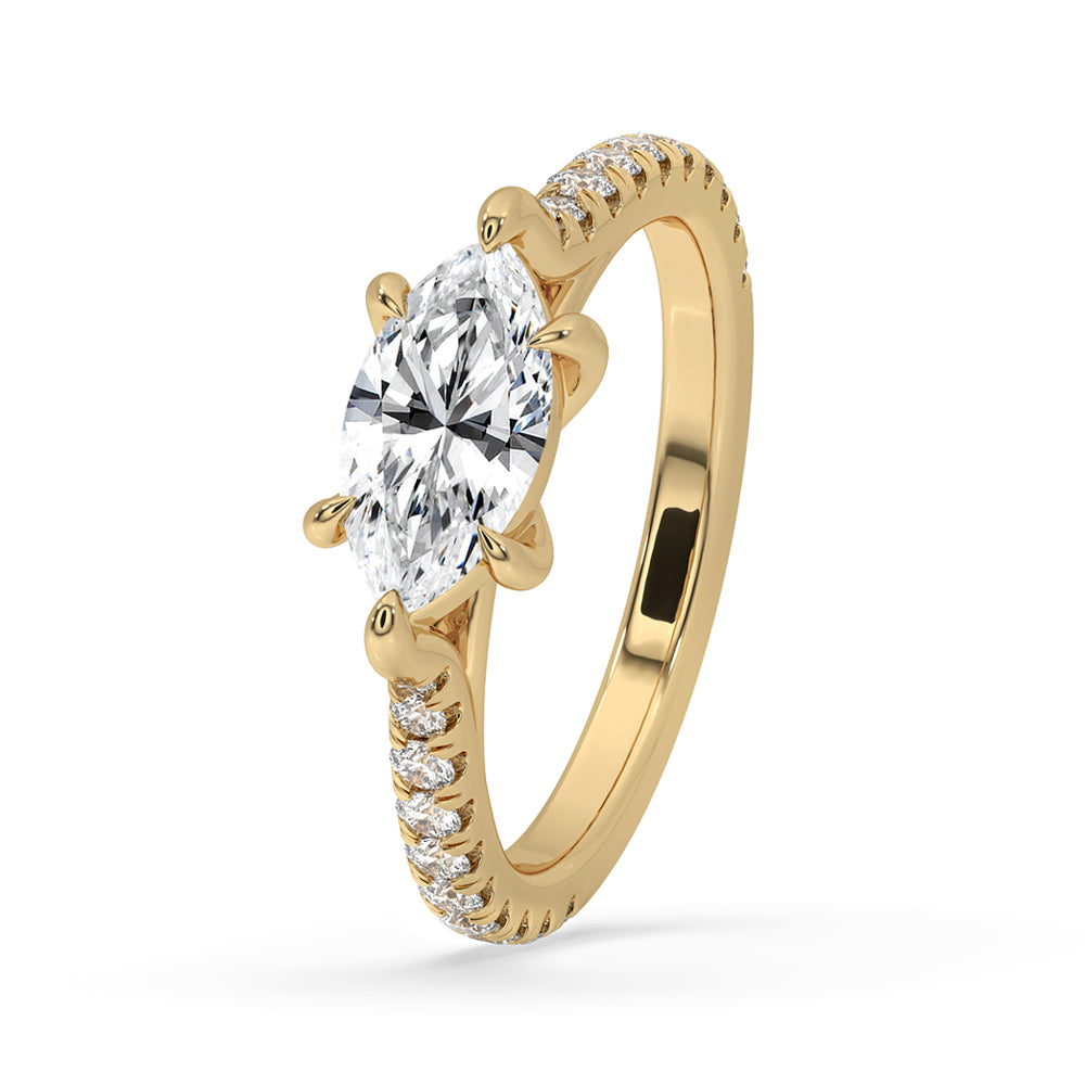 Buy engagement ring featuring marquise cut diamonds and a cathedral setting.
