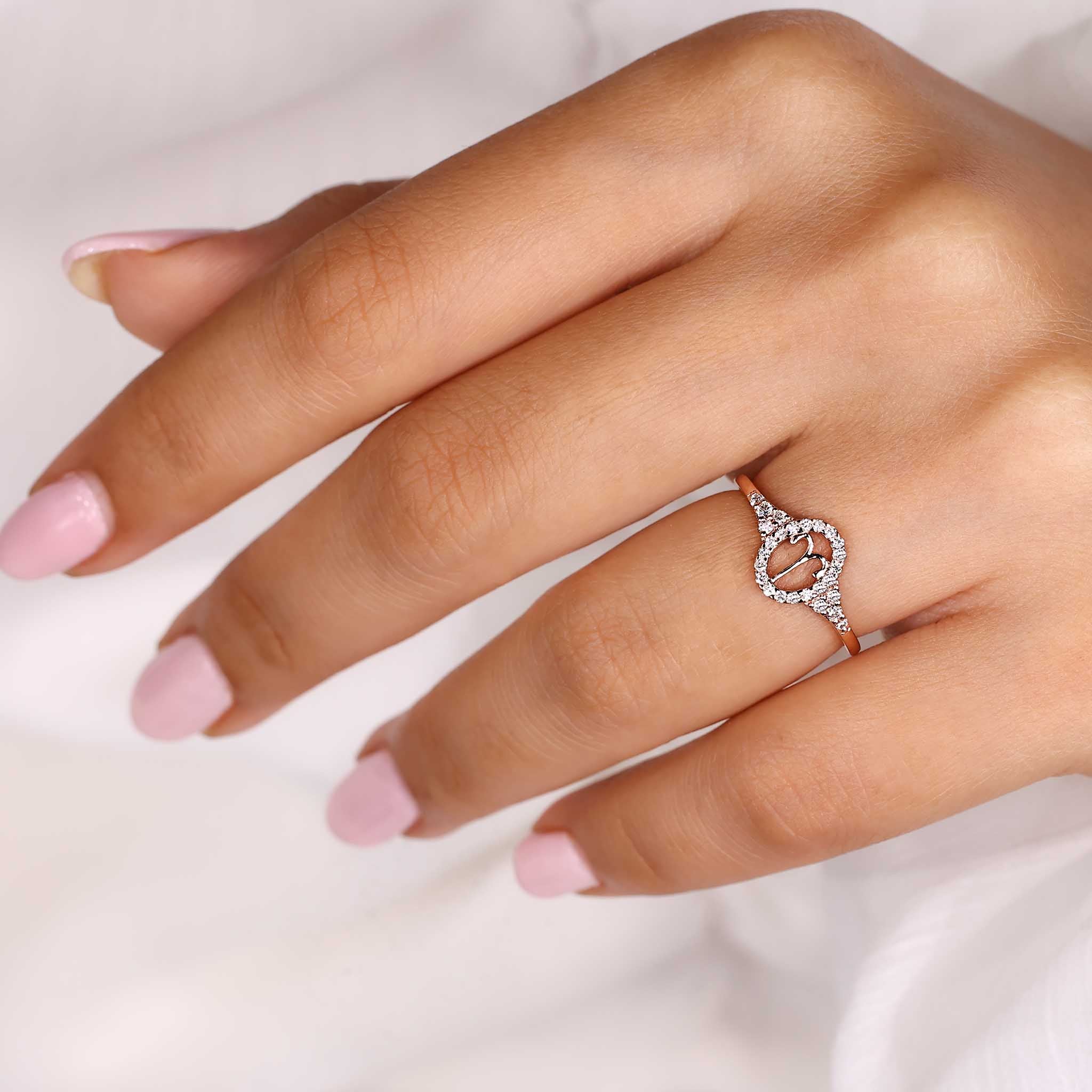 Zodiac sign ring with Aries constellation design and round side stones.
