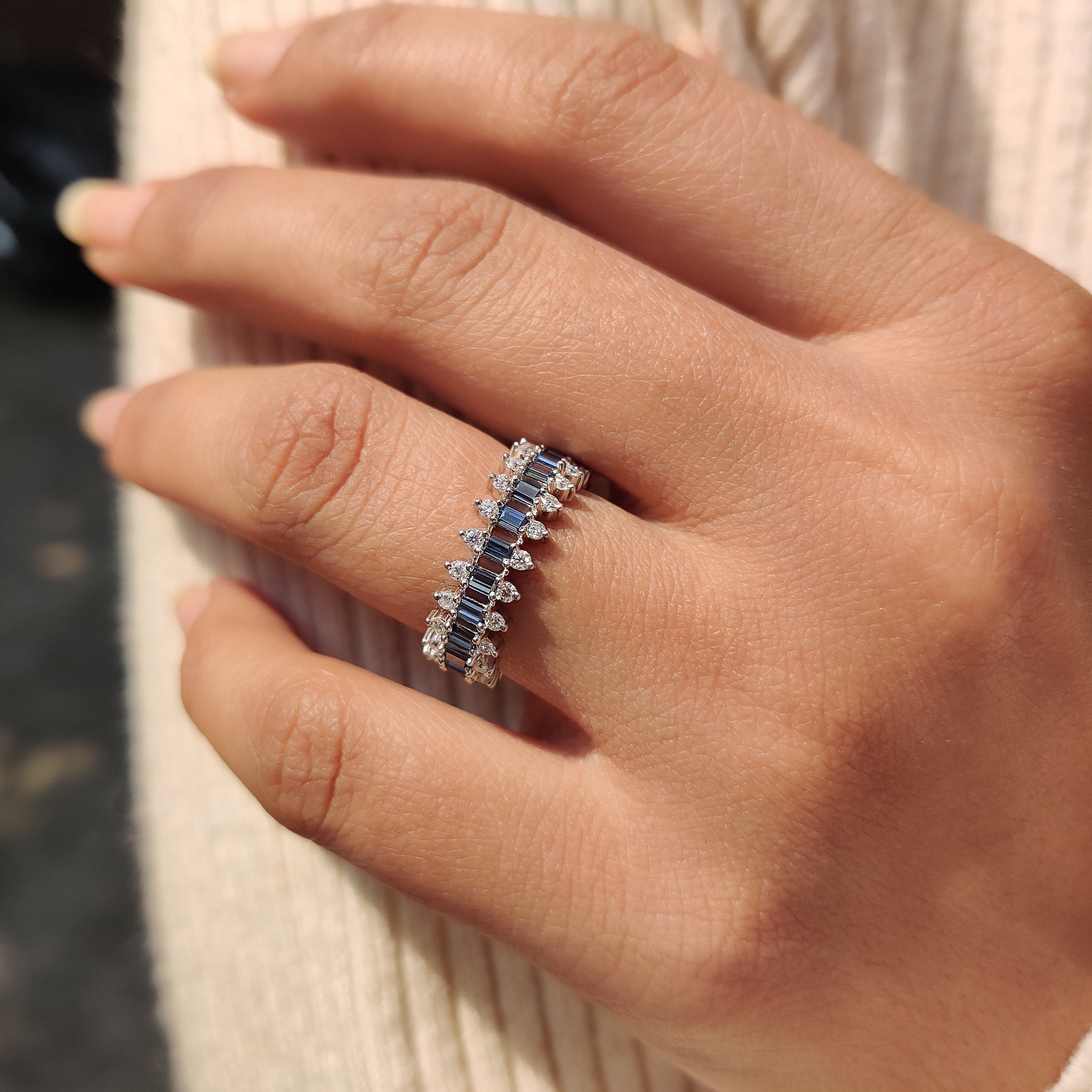 Baguette And Round Cut 3 Row Diamond Band