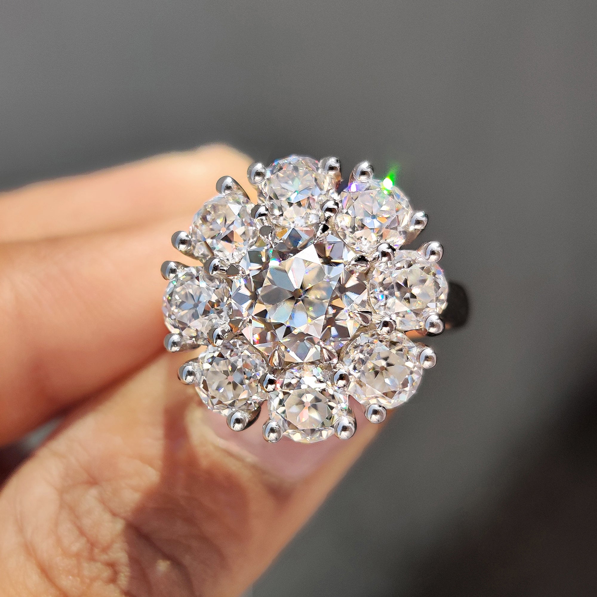 Round Old European Moissanite halo cluster ring