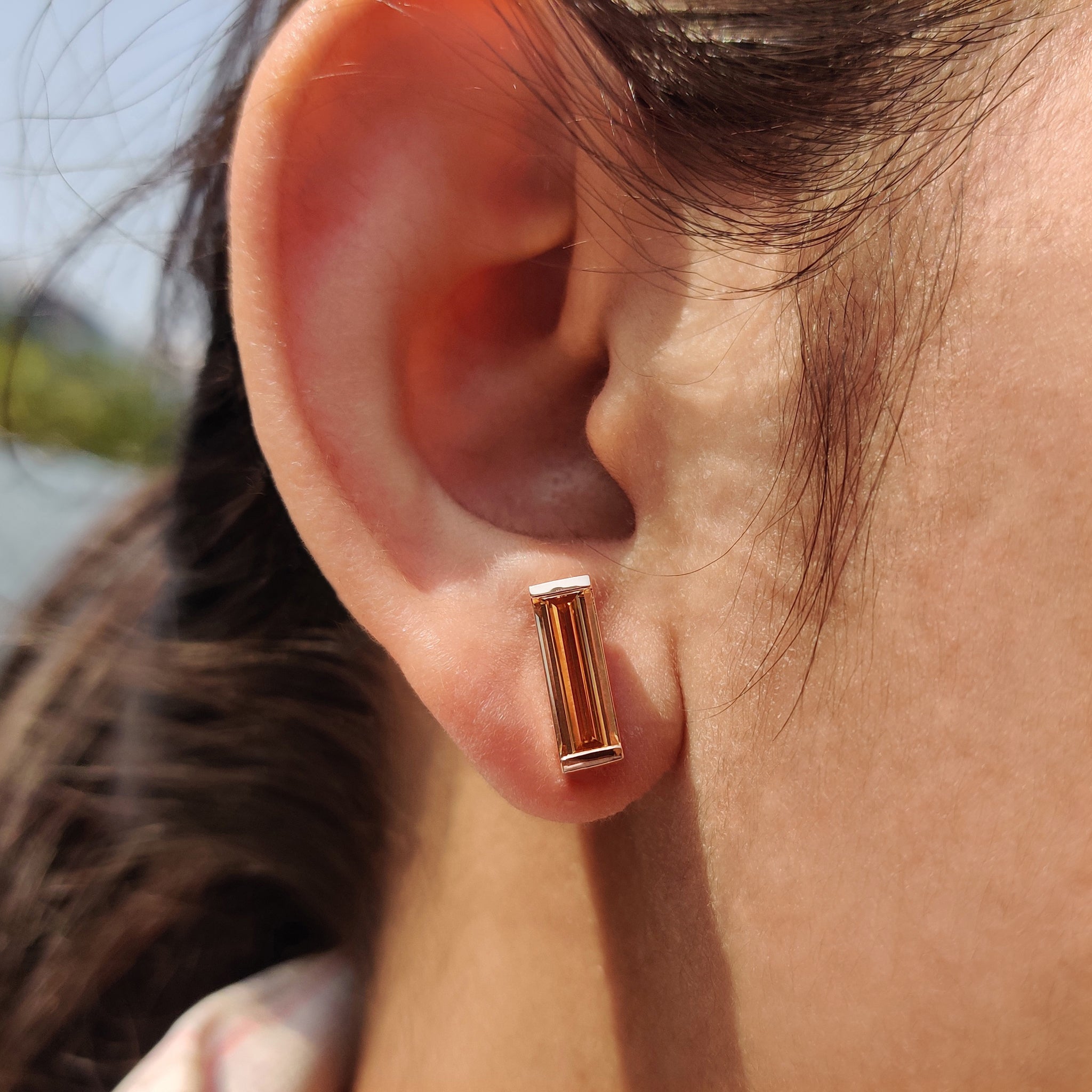 Baguette Cut stud Earrings created as Moissanite Stud Earrings with custom earrings styling.
