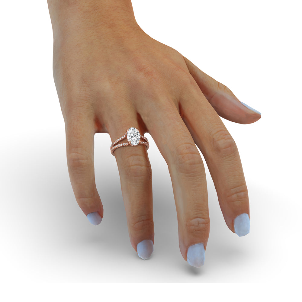 Oval hidden halo engagement ring with split shank pave setting, IGI certified and crafted as a Lab Grown Diamond ring.