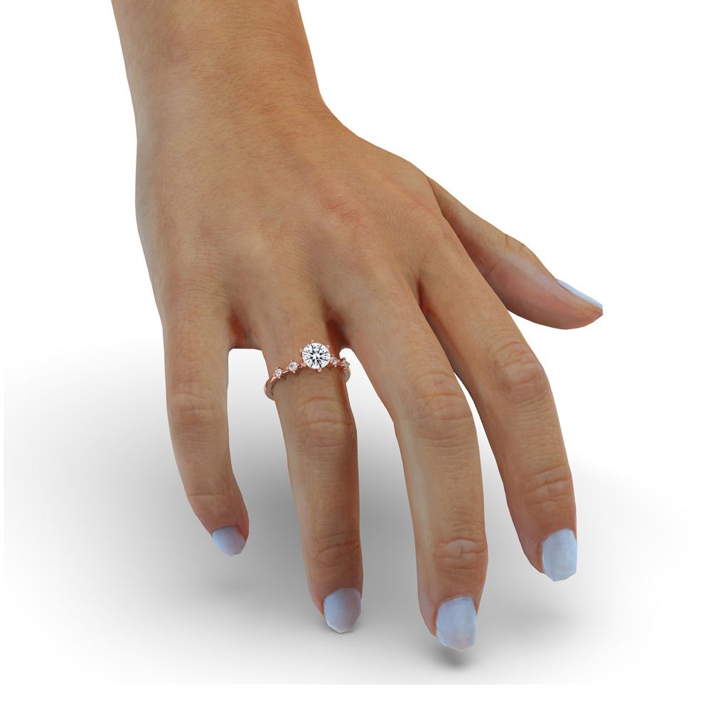 Round diamond ring with Distance Pave setting and side stones, perfect as a handmade jewelry piece with carat diamonds.