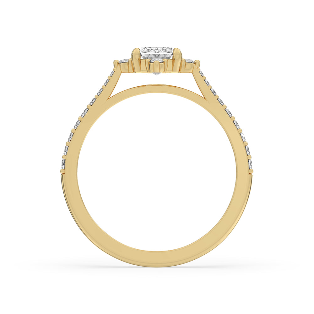Emerald cut diamond ring with ring claws and emerald cut side stones in a side stone engagement ring design.