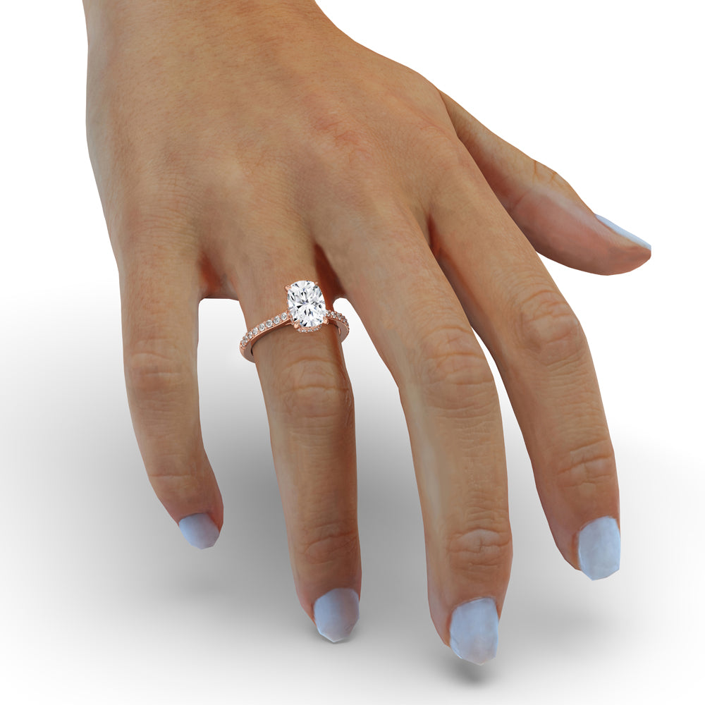Cathedral style ring with elongated cushion cut lab diamond, Pave ring setting.
