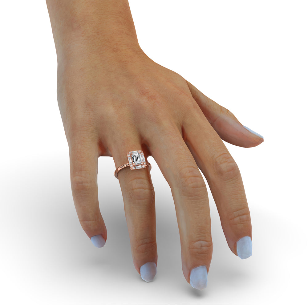 Lab grown emerald cut diamond ring with a baguette diamond band, handmade and IGI certified.

