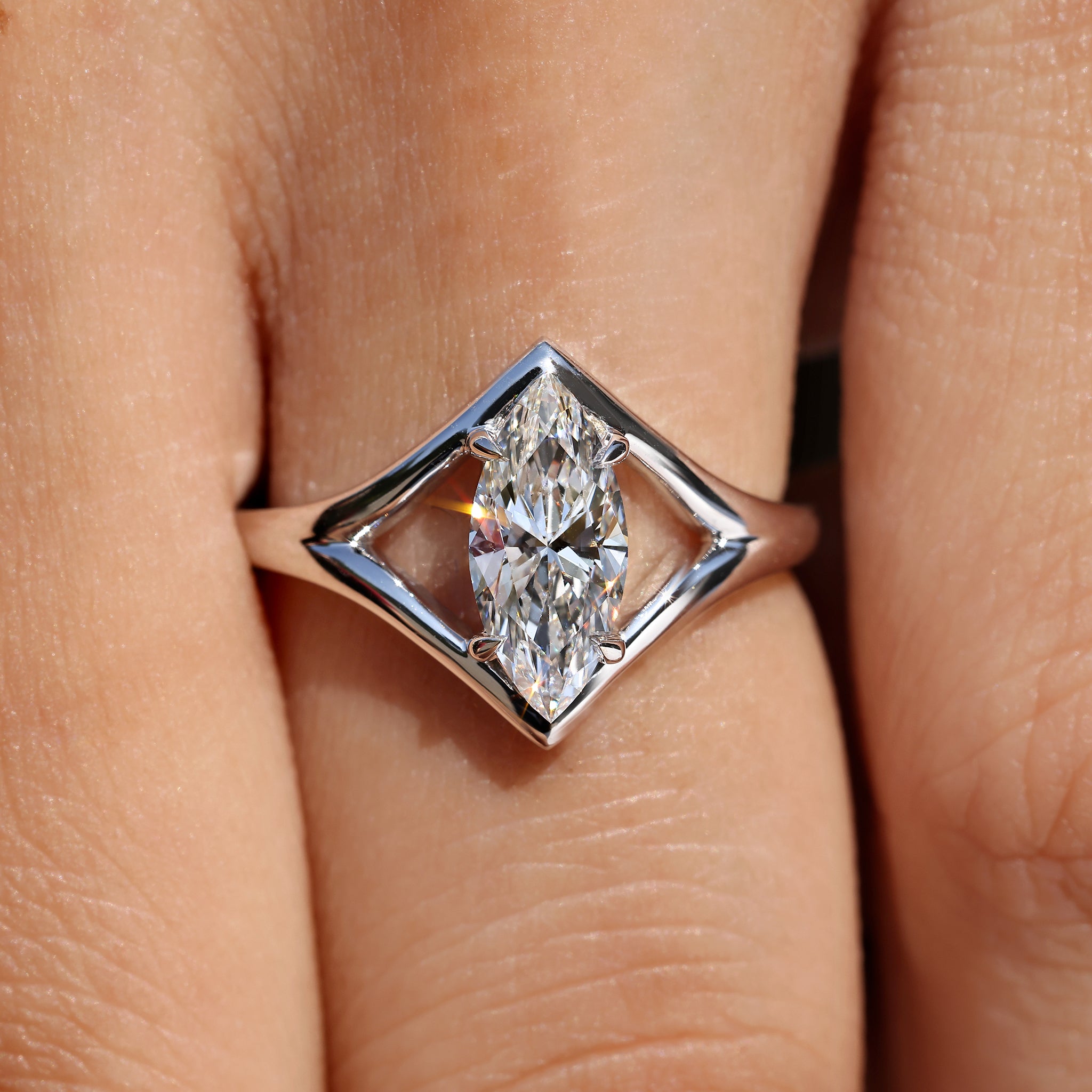 Lab grown marquise solitaire diamond ring handmade.
