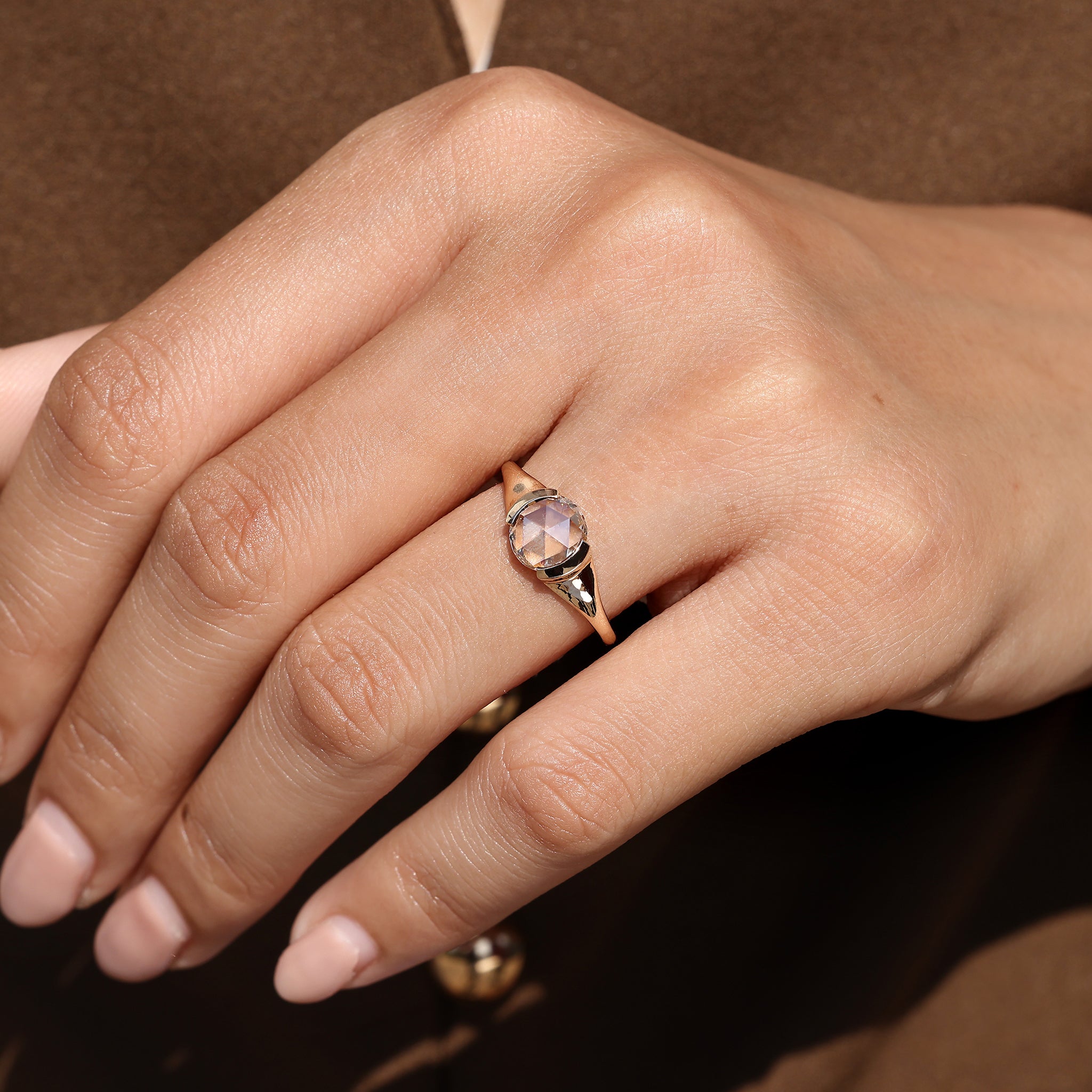 Lab grown round rose cut solitaire ring.
