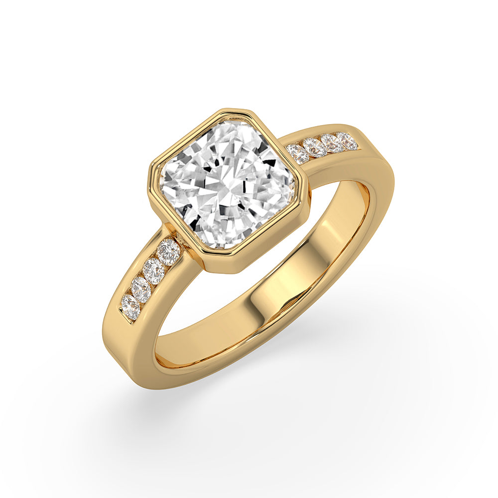 Bezel set diamond ring paired with a round side diamond ring.