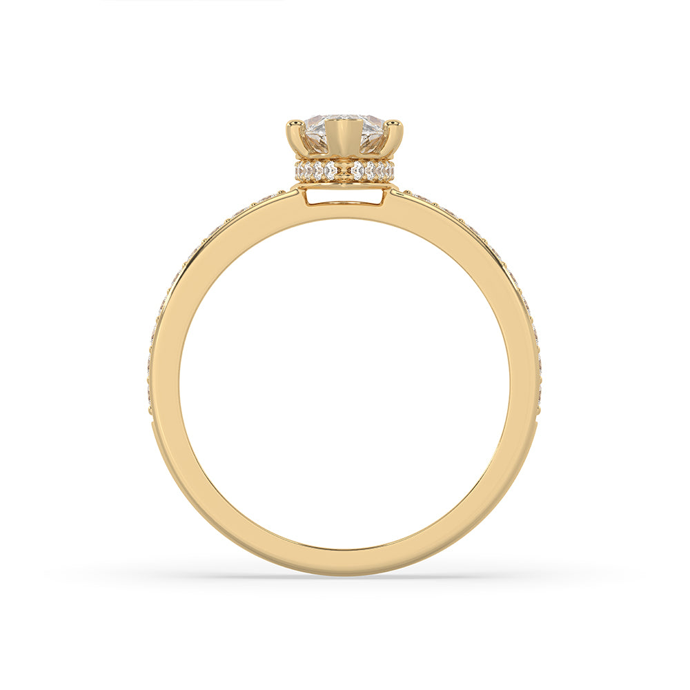 Hidden halo engagement ring with round cut center.
