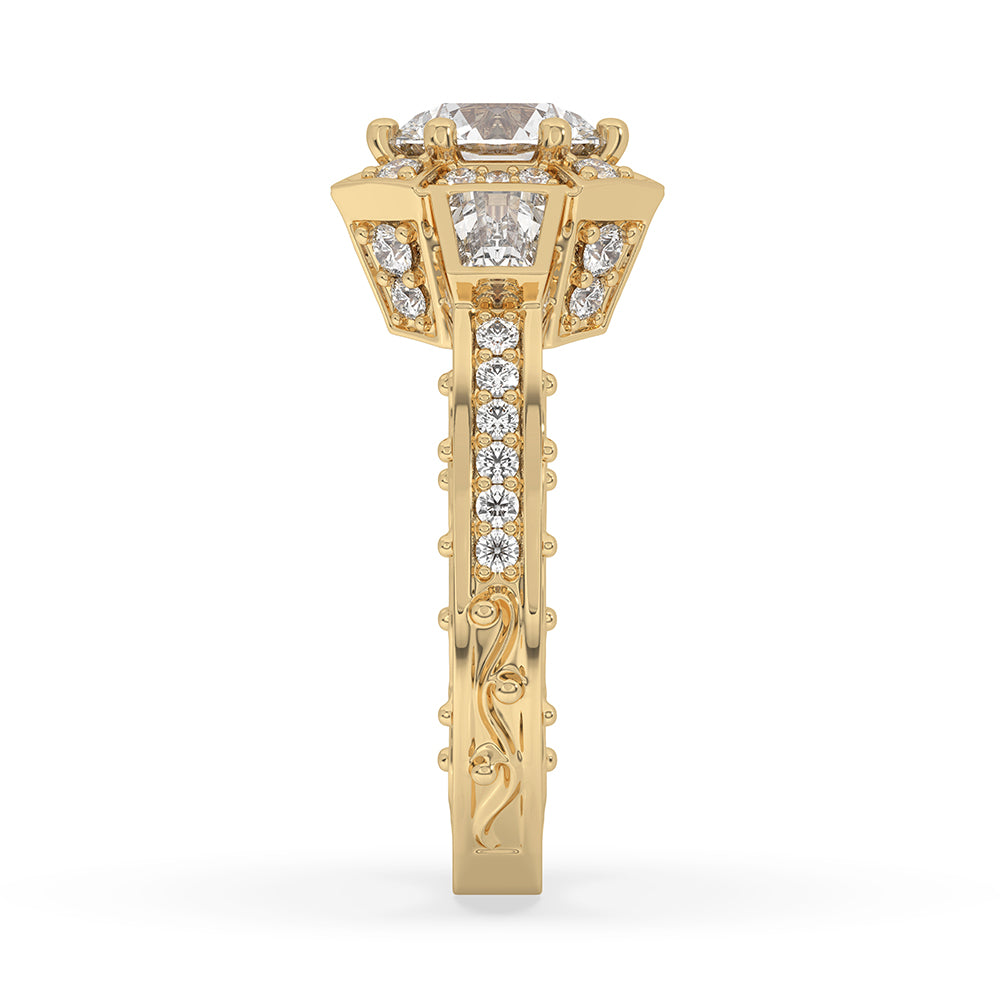 Yellow gold engagement ring featuring a lab grown diamond center.
