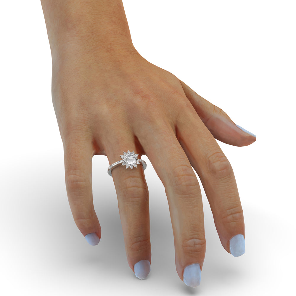 White gold ring for women with a rose cut ring style and halo engagement ring design for versatile elegance.