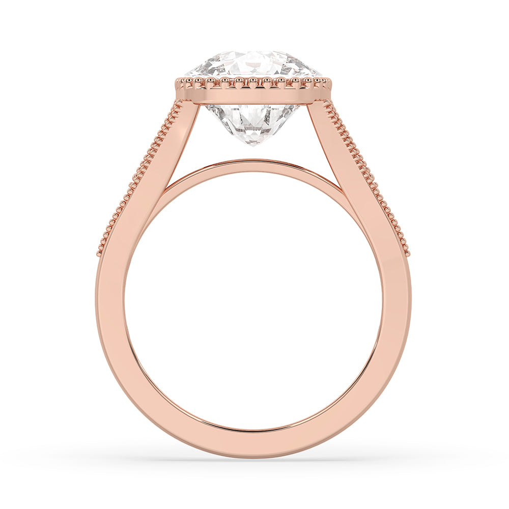 Round cut split pave set ring in a classic design.
