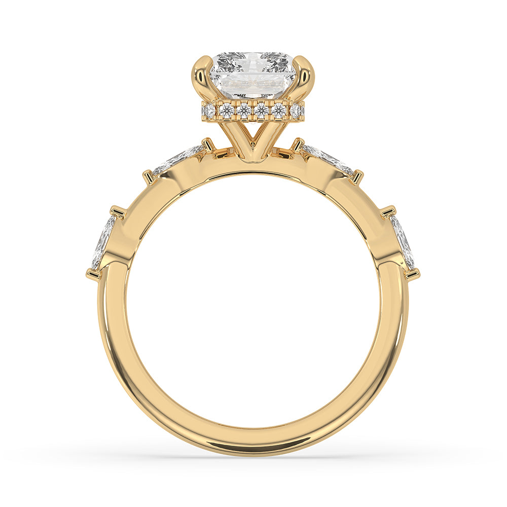 Marquise and round cut ring set in yellow gold.
