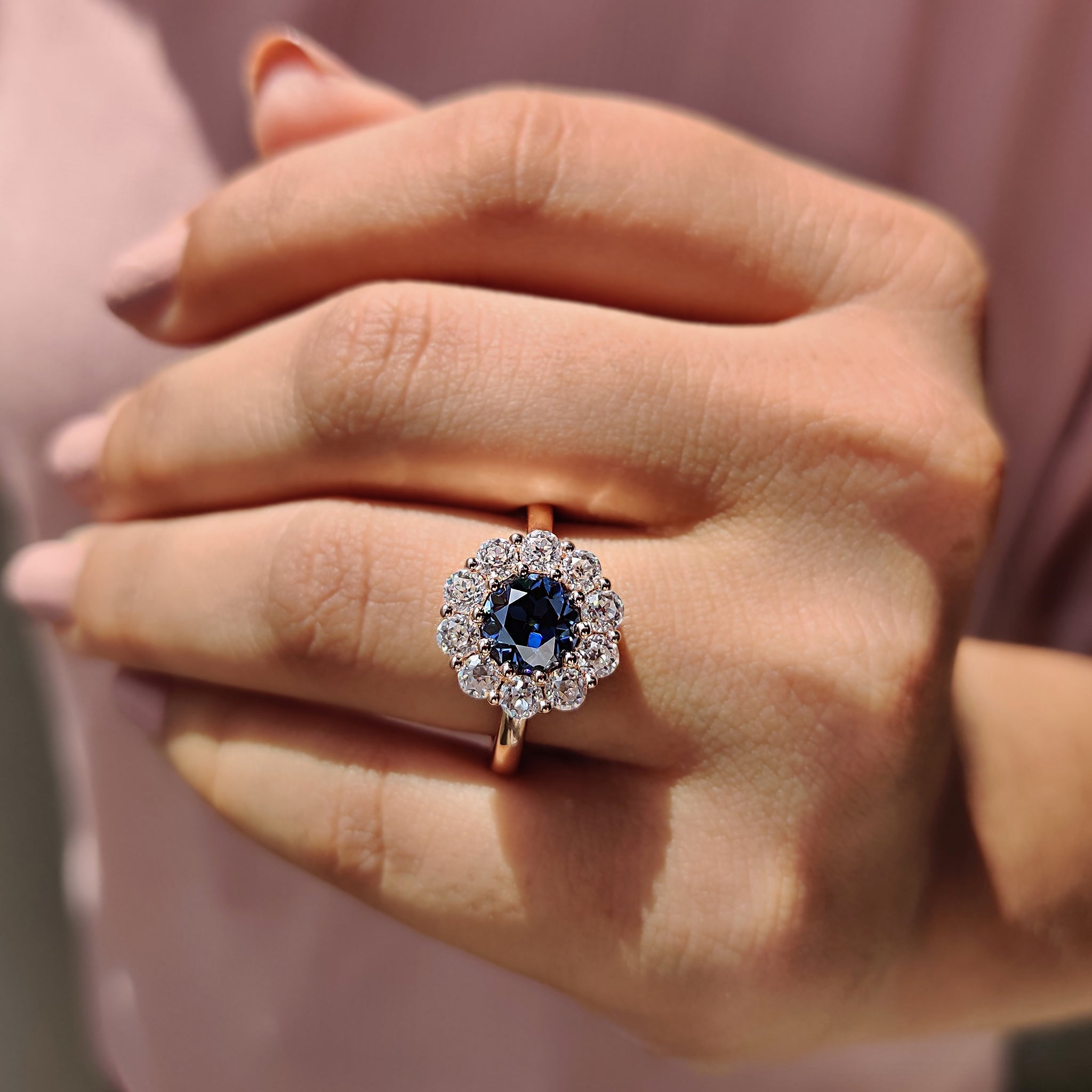 Old European cut moissanite ring in prong setting, perfect for engagement or special occasions.
