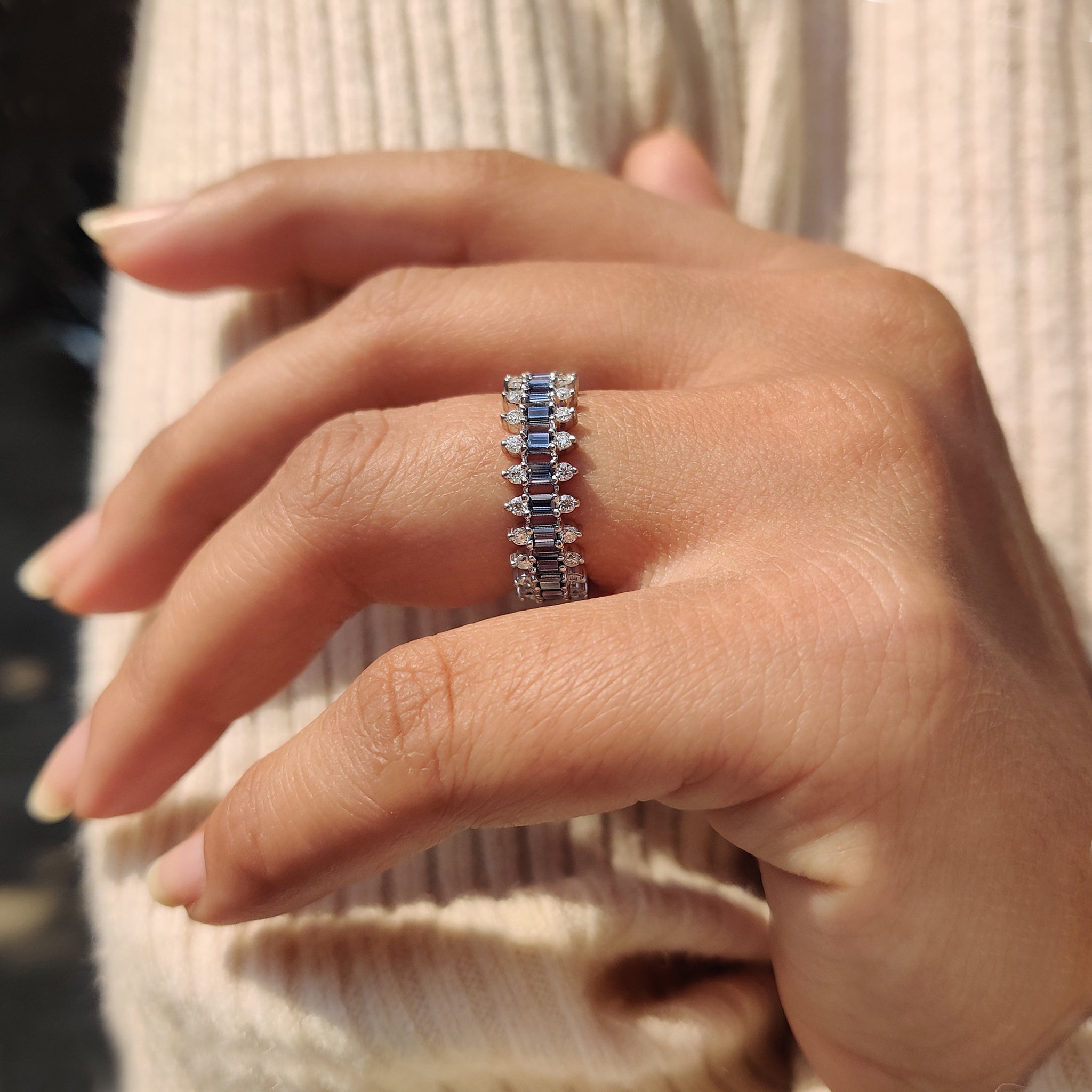 Baguette And Round Cut 3 Row Diamond Band
