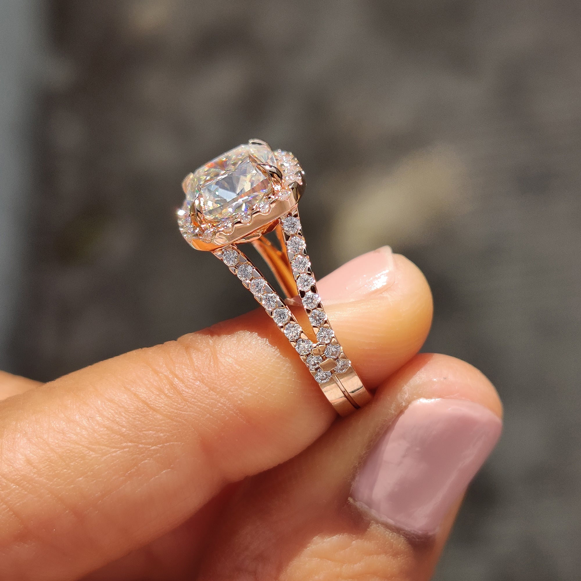 Rose gold engagement ring with cushion cut  halo setting, designed as a custom engagement ring for your special moment.
