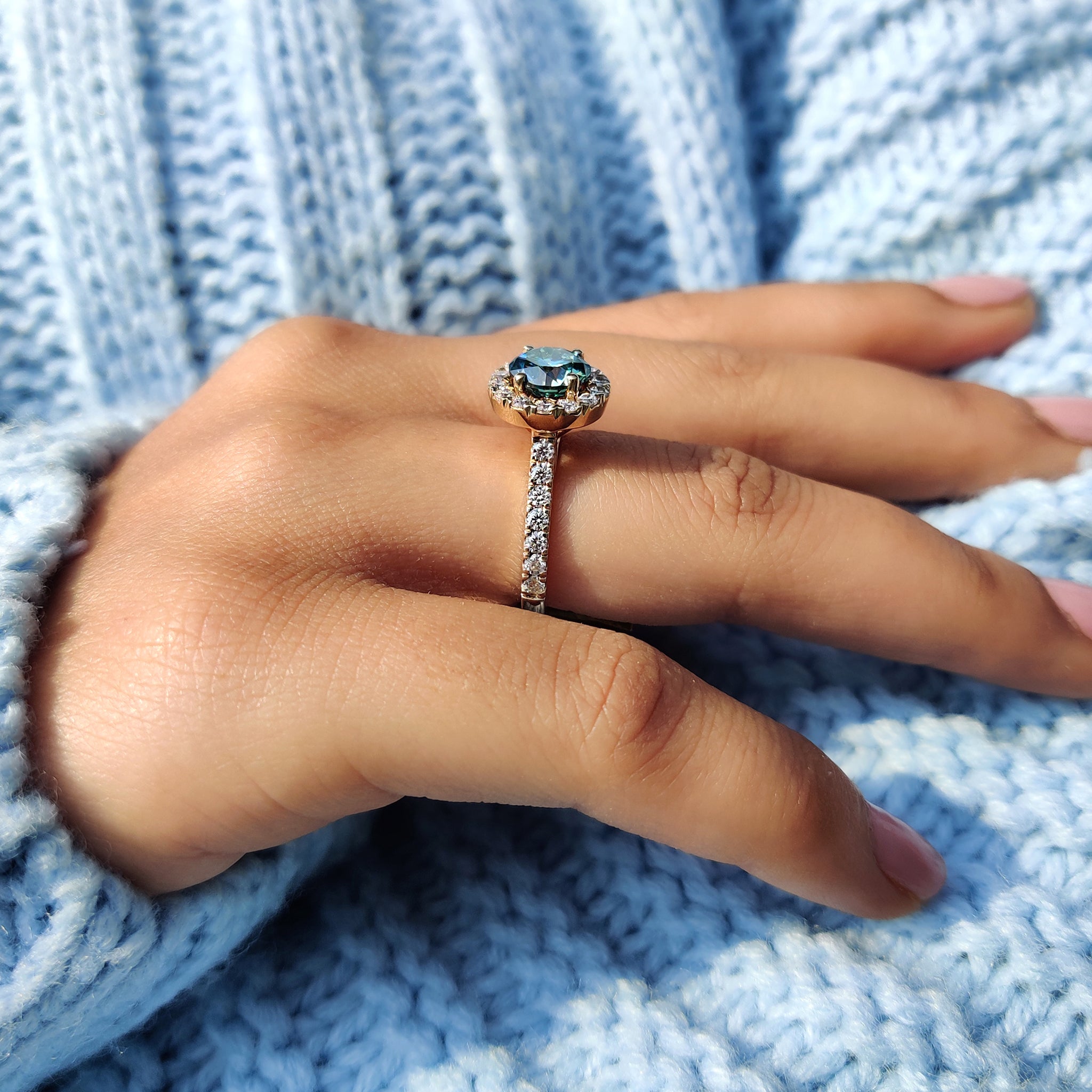 Round cut moissanite ring that sparkles with brilliance.