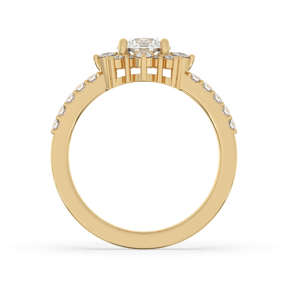 Diamond halo cluster ring with shared prong setting, handmade ring.