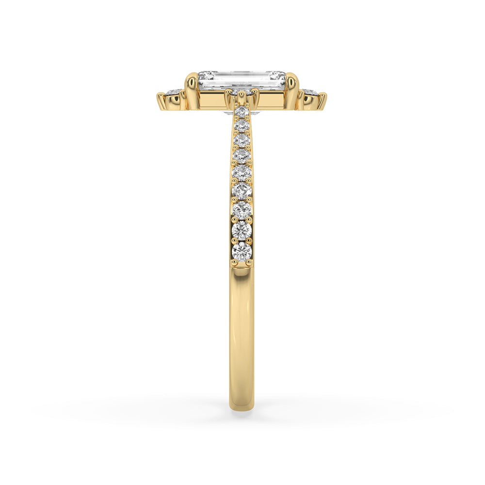 Unique emerald cut engagement rings with pave diamond band and 4 side stone setting, showcasing IGI certified quality.