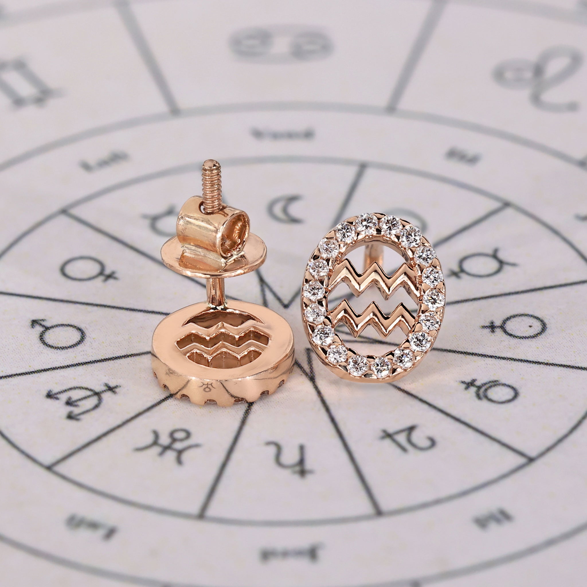 Astrology earrings featuring Aquarius symbol with halo diamonds.
