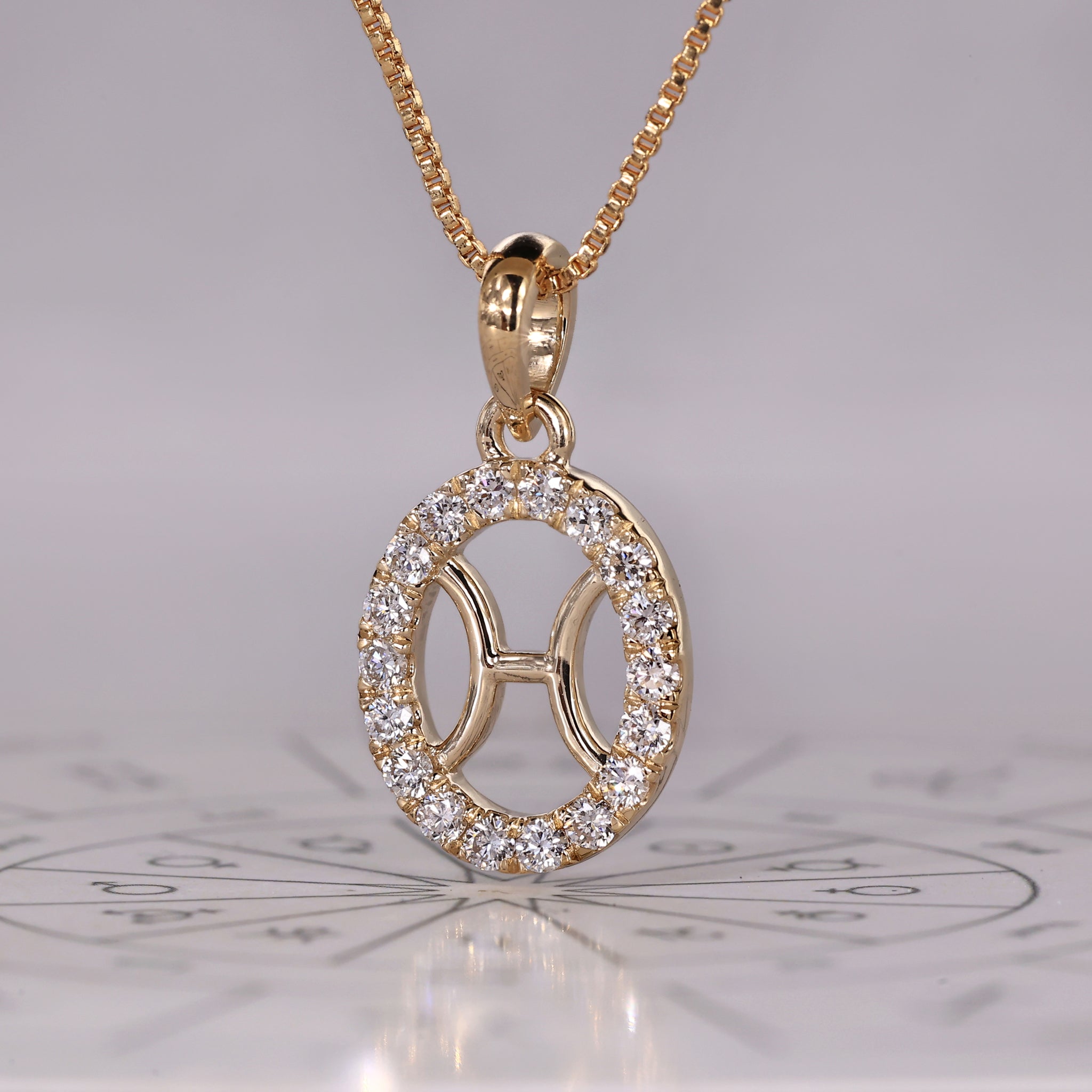 Carat Diamonds handmade Pisces gold pendant with zodiac star design.