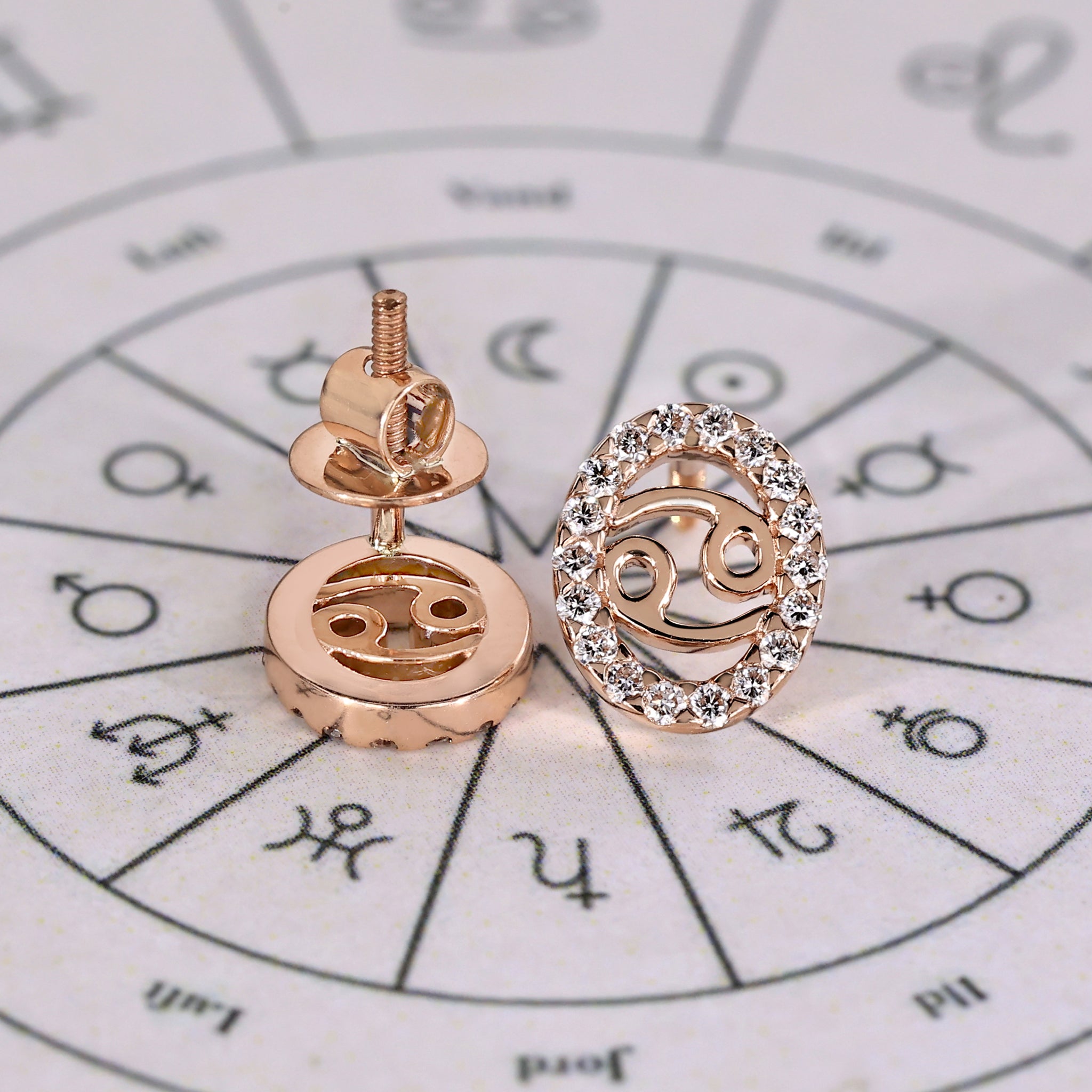 Carat Diamonds Cancer earrings in rose gold with round halo diamonds.
